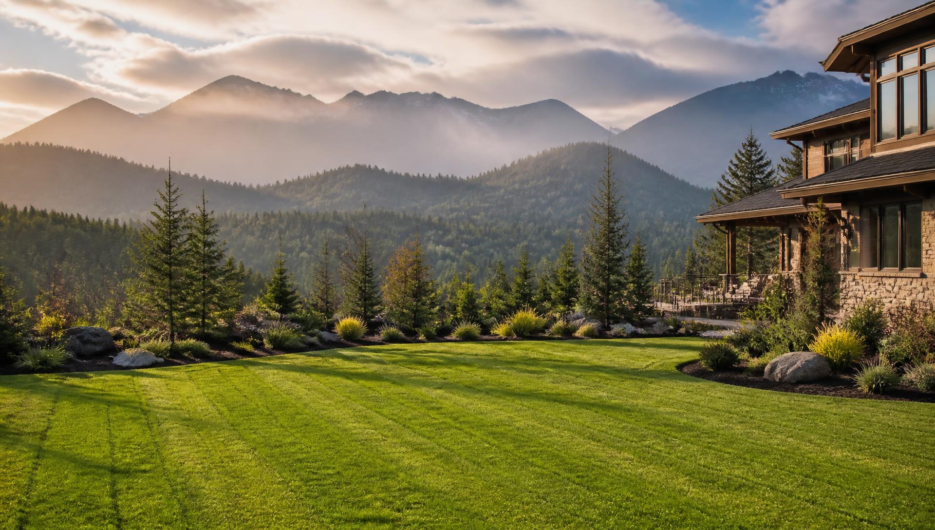 Lush green lawn with Snoqualmie Valley mountains at sunset